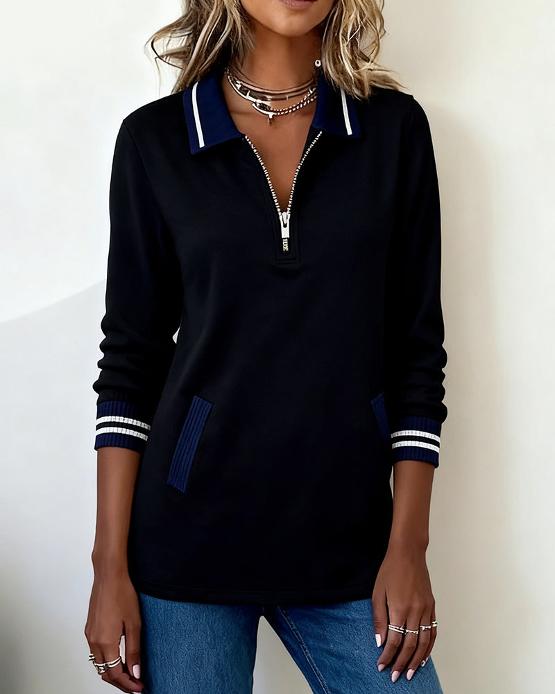 Oversized Sweatshirt with Lapels, Zipper, and Contrast Color