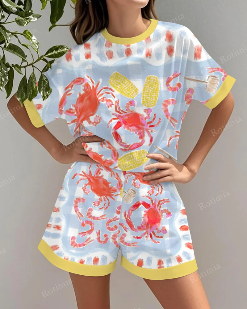 Ensemble en Lin Imprimé Crabe et Glaces 