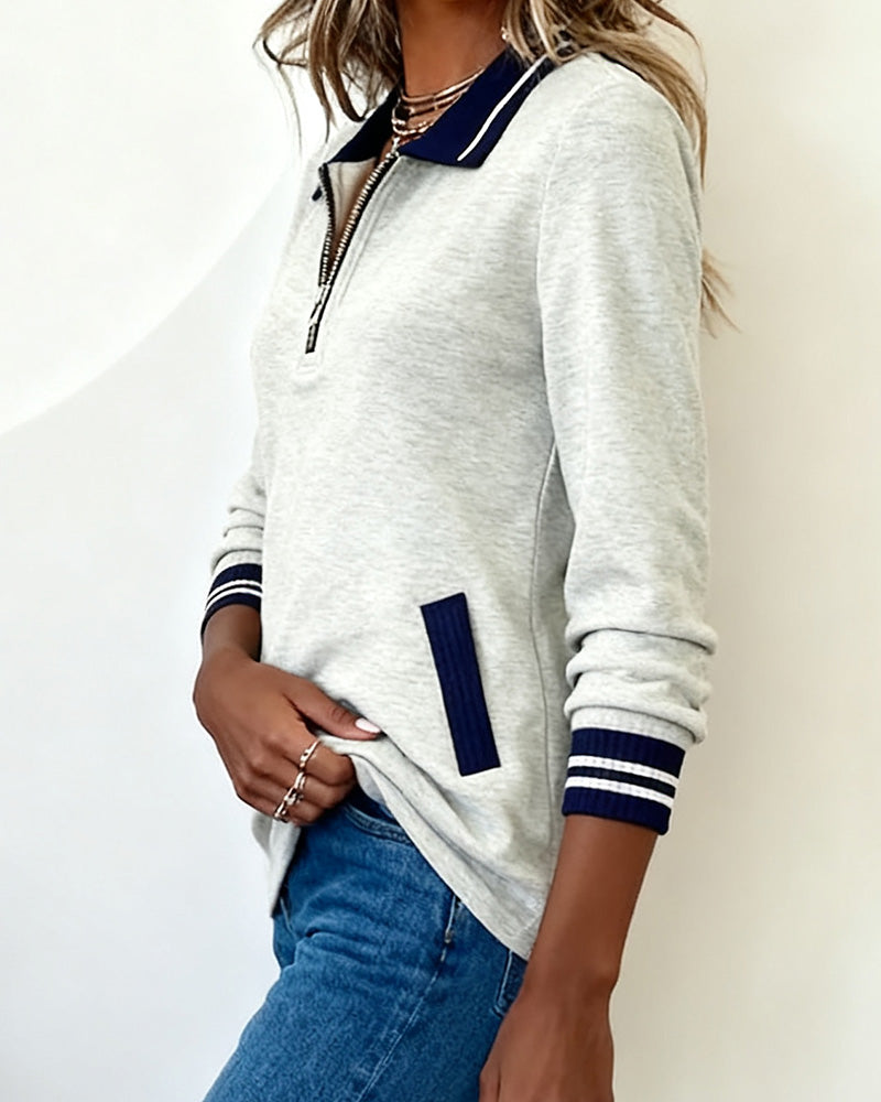 Oversized Sweatshirt with Lapels, Zipper, and Contrast Color