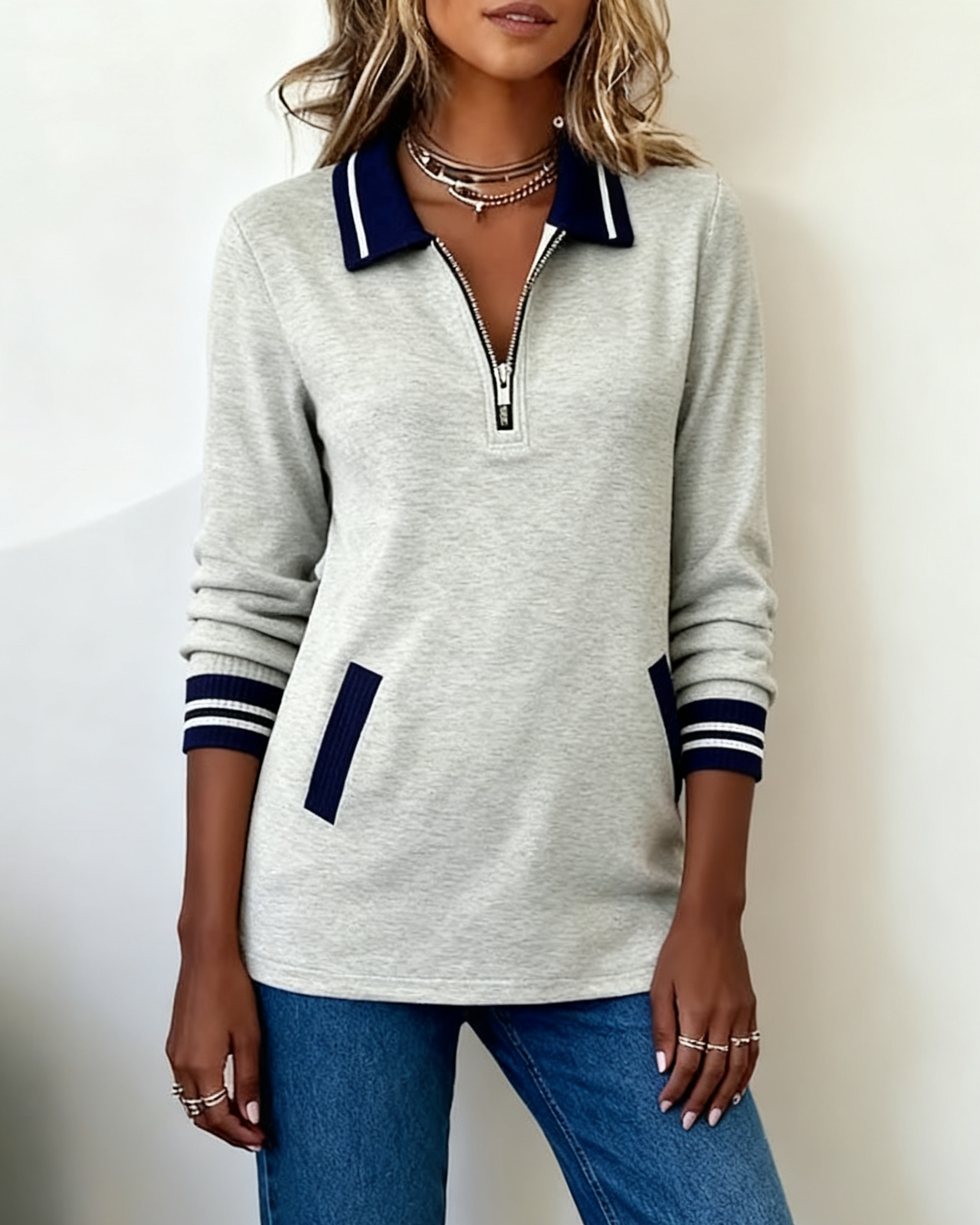 Oversized Sweatshirt with Lapels, Zipper, and Contrast Color