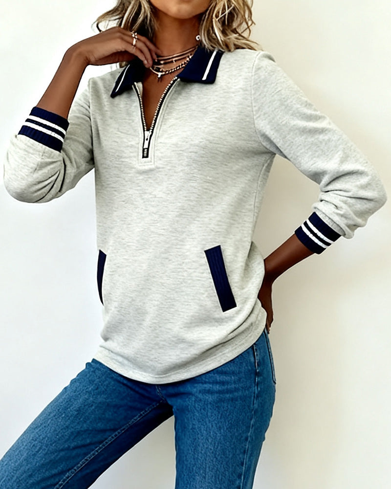 Oversized Sweatshirt with Lapels, Zipper, and Contrast Color