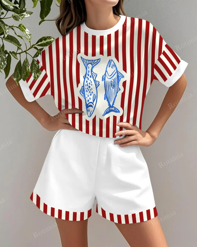 Ensemble en Lin Imprimé Rouge et Bleu 